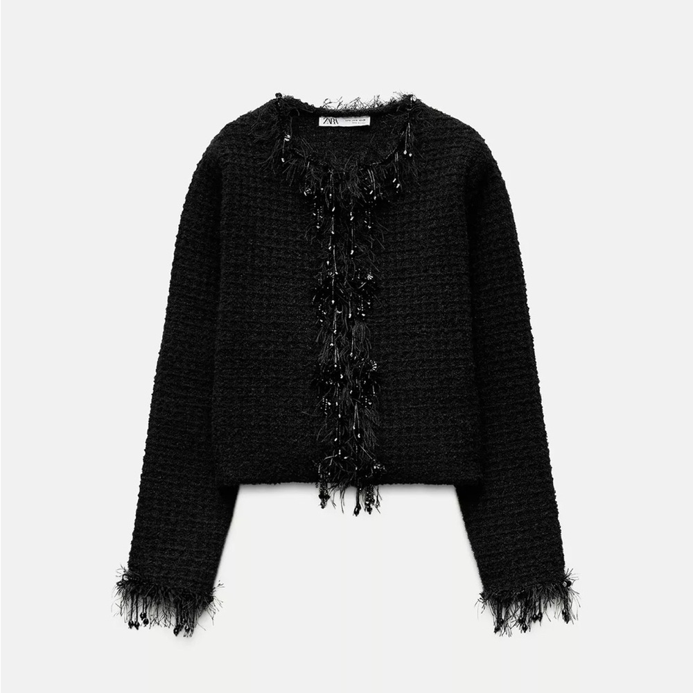 NEW Zara Frayed Beaded Trim Knit Sweater in Black - XL